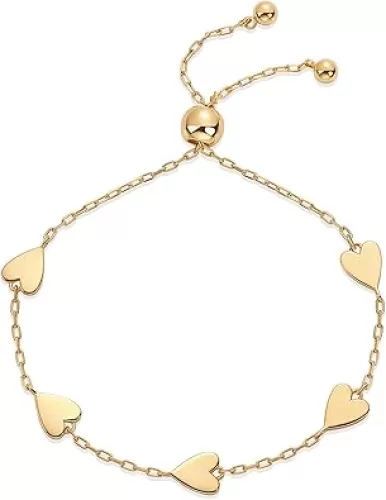 PAVOI 14K Gold Plated Matching Heart Charms Solitaire Bracelet Set for Women | Adjustable Love Friendship Two Bracelet Pack