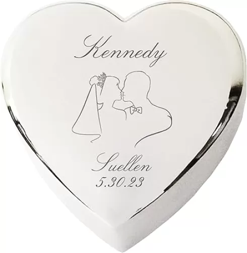Personalized Heart-Shaped Jewelry Keepsake Box, wedding gifts for Bride and Groom Wife, Custom Engraved Name, Silver Toned