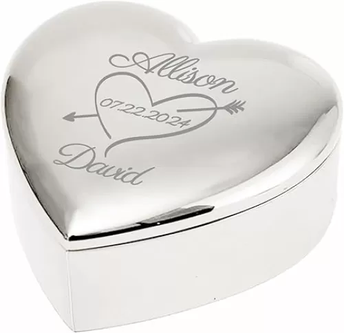 Personalized Jewelry Ring Box Custom Name & Date, Heart Shaped Ring Bearer Box for Wedding Ceremony Proposal Engagement - Couple Keepsake Jewelry Gift Box Customized for Women Men