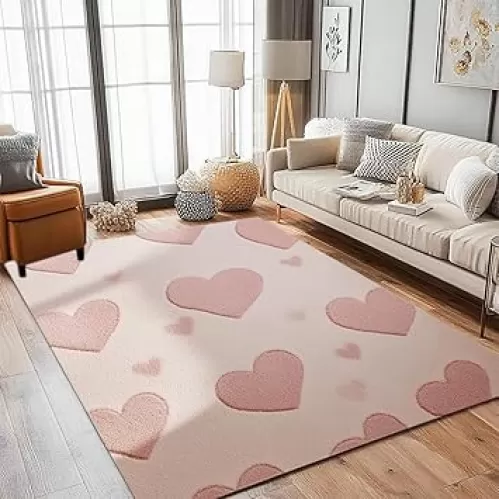 Pink Rug for Bedroom Girls, 4x6 Rectangular Rug with Cute Heart Patterns, Plush Soft Baby Shaggy Bedside Indoor Floor Rug, Non Slip Small Living Room Carpets, Trendy Decor for Girl