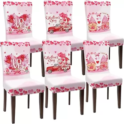 Preboun Valentine's Day Chair Covers Set of 6 Valentines Dining Protector Stretch Red Heart Removable Washable Valentine Gnome Red Truck Slipcovers for Dining Hotel Party Wedding