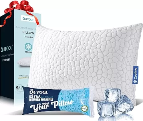 QUTOOL Shredded Memory Foam Pillows for Sleeping Queen Size, Cooling Gel Pillows for Hot Sleepers Adjustable Bed Pillow for Side and Back Sleeper, Breathable, Neck Support, White, Gift for Women Men