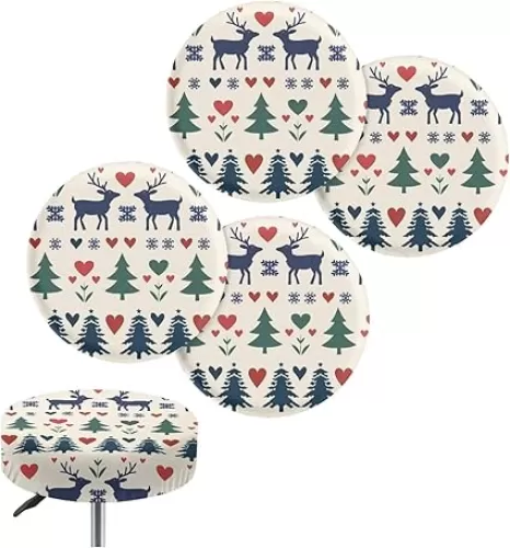 Reindeer Christmas Tree Heart Shape Stretchy Stool Covers Round 12"-14" Bar Stool Slipcovers Round Easy to Install Round Stool Cushion Cover, Pack of 4