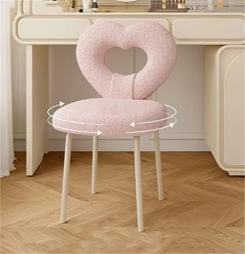 Round Makeup Chair with Heart Shaped Back Upholstered Chairs with 360 Swivel Cute Furry Computer Task Chairs for Living Room Reading Living Room, Living Room
