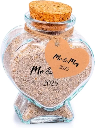 Sand Keepsake Jar 2025, Heart Shaped Decorative Glass Bottles with Cork Stoppers, Memento Bottle, Mr Honeymoon Gift for a Beach Wedding