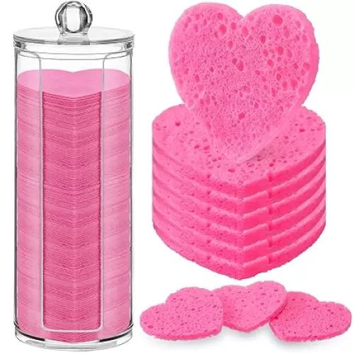 Sieral 120 Pcs Compressed Facial Sponges with Container Disposable Face Sponge Pads for Washing Face Cleansing Exfoliating Esthetician Makeup Removal(Heart, Rose Red)