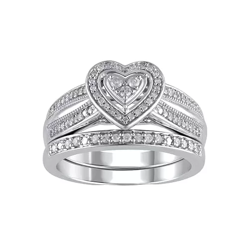 SilverDia 1 Ct Round Cut Diamond Halo Wedding Engagement Heart Shaped Ring For Women 14K White Gold Plated Bridal Ring Set 925 Sterling Silver Customized Anniversary Promise Ring Gift For Her