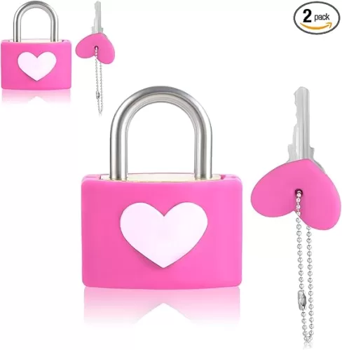 Small Locks with Key, Rose Red Metal Wide Padlock with Pink Heart Pattern for Gym Locker Gate Lock Sheds Storage Decor Suitcase/Luggage