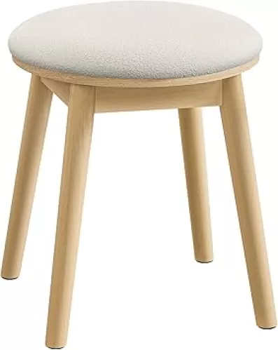 SONGMICS HOME BOHOVEN Collection - Vanity Stool, Upholstered Makeup Stool with Solid Wood Legs, Round Footstool, Non-Slip Foot Pads, Boho Style, for Bedroom, Makeup Room, Cream White and Oak Beige