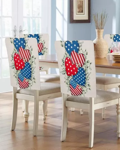 Stars Stripes Dining Room Chair Covers Back Slipcover Set of 4, 4th of July Red Blue Heart Eucalyptus Leaves Stretch Chair Protector Removable Washable Patriotic Chair Slipcover