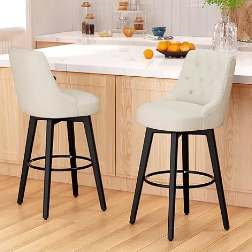 Sunny Heart Modern Ivory White Linen Upholstered 30" H Counter Height Bar Stools Set of 2 with Backs and Solid Wood Legs