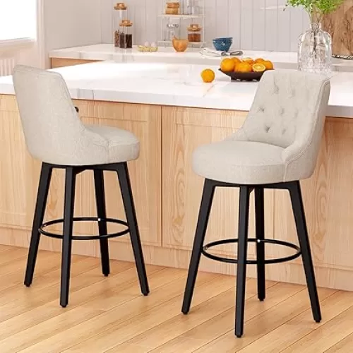 Sunny Heart Swivel Bar Stools with Backs, 30" H Counter Stools Set of 2, Counter Height Bar Stools, Upholstered Kitchen Barstools with Solid Wood Legs, Beige