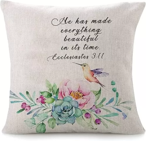 Throw Pillow Case He Has Made Everything Beautiful Pillowcase Pink Flower Hummingbird 16x16in Heart Warming Decorative Pillow Home Cotton Linen Antique Accent Pillowcase for Couch Sofa Chair Bed Home
