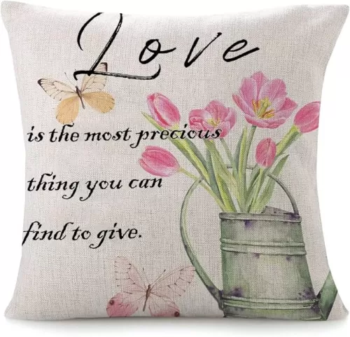 Throw Pillow Cover Love is The Most Precious Things Pillow Case Pink Flower Butterfly 18x18in Heart Warming Decorative Pillow Home Cotton Linen Antique Cushion Cases for Sofa Couch Chair Bed Decor
