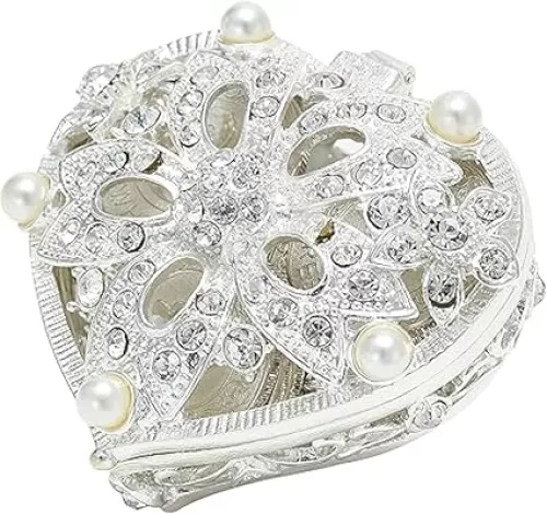 TINGKU Heart Shape Jewelry Box Wedding Arras Coin Box with Pearl Small Trinket Organizer for Girls Women Ring Earring Keepsake Storage Box Ideal Wedding Birthday Gift Silver