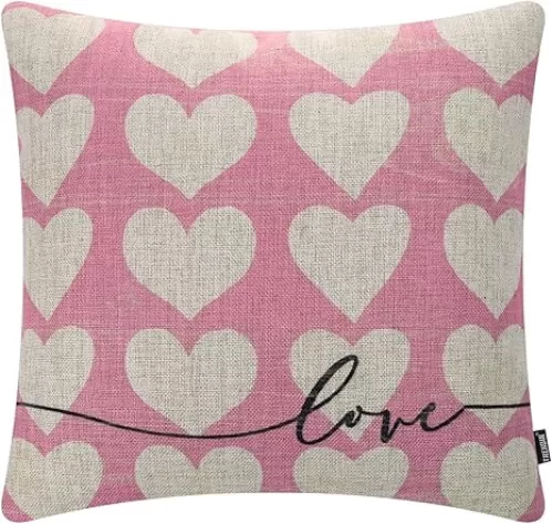 TRENDIN Valentine Pillow Cover 18x18, Love Heart Decorative Pillow Cover for Couch Bed Sofa Living Room, Funny Throw Pillow Cushion Case, Farmhouse Valentine Decorations for Home Pink PL1229TR