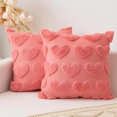 UGASA Valentines Day Pillow Covers 18x18 Inch Set of 2 Cute Heart Pattern Plush Jacquard Romantic Love Decorative Throw Pillow Pillowcases for Lover Girls Wedding Sofa Living Room Bed, Coral Pink