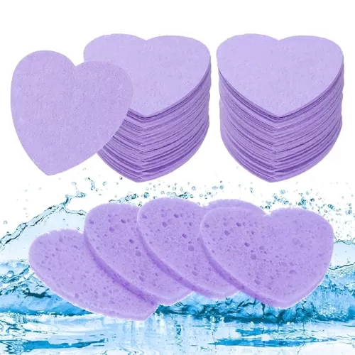 uxcell 120 Count Compressed Facial Sponges Heart-Shaped Face Cleansing Sponges Pads for Daily Skincare Routines at Home, Kitchen, Travel, Purple