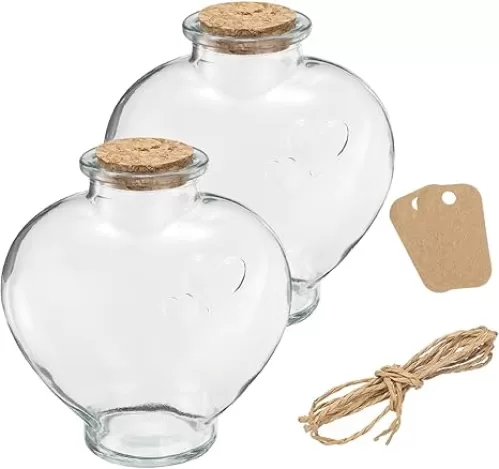 uxcell 2 Pcs 18 oz/600ML Heart Shaped Glass Jars With Cork Stoppers, Clear Message Wishing Bottle with Twine and Blank Tags for Halloween Decorations, Wedding Shower Favors