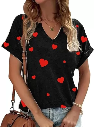 Valentine Shirts for Women V Neck Love Heart Girlfriend Valentines Gift Tshirt Graphic Short Sleeve Tee Tops