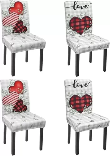 Valentines Chair Covers Set of 4 Spring Buffalo Plaid Love Hearts Stretch Parsons Chair Slipcovers for Valentines Dining Room Decor Chair Seat Protectors (Love, 4PCS)