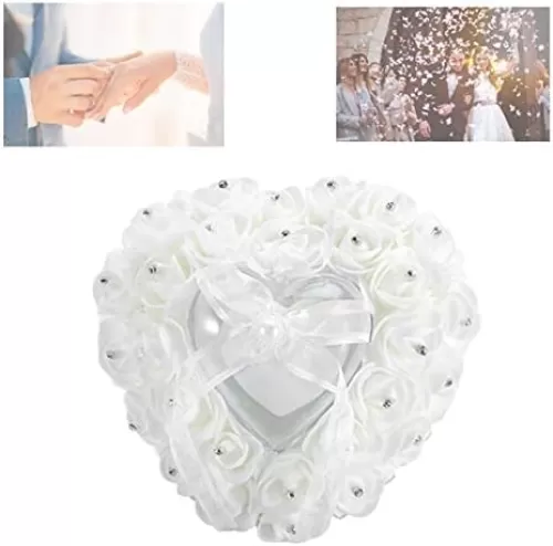 Valentine's Day Carnival Wedding Ring Cushion, Wedding Ring Pillow, Ring Pillow for Wedding Ceremony, Romantic Heart-Shaped Wedding Ring Box Rose Rhinestone Decor Ring Pillow Cushion(White)