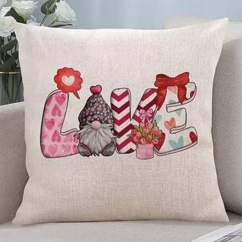 Valentine's Day Linen Cushion Case Valentine's Day Floral Gnomes Hearts and Love Decorative Couch Pillow Cover Luxury Lumbar Throw Pillow Cover Square Pillowcase for Car Chair 16x16 Inch