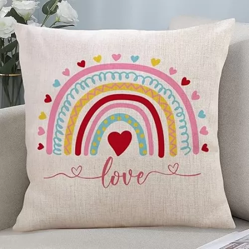 Valentine's Day Linen Cushion Cover Colorful Rainbow and Hearts Love Decorative Sofa Pillow Case Antique Accent Throw Pillow Cover Pillow Sham for Chair Sofa 16x16 Inch
