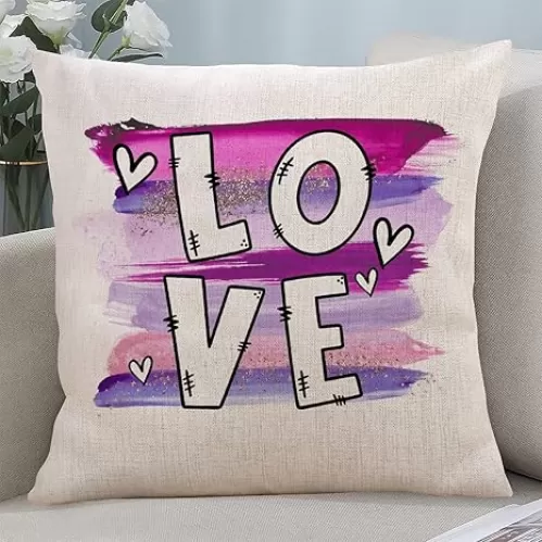 Valentine's Day Linen Pillow Cover Pink and Purple Color Love and Hearts Decorative Sofa Pillow Cover Antique Accent Throw Pillow Cover Square Pillowcase for Chair Sofa 16x16 Inch