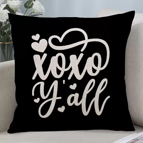 Valentine's Day Linen Pillow Cover Valentine's Day Love Hearts and XOXO Y'all Decorative Couch Pillow Cover Funny Lumbar Throw Pillow Cover Square Pillowcase for Chair Sofa 16x16 Inch