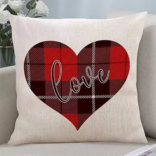 Valentine's Day Linen Throw Pillow Cover Love You Heart Decorative Sofa Cushion Cover Antique Lumbar Cushion Case Linen Square Pillowcase for Chair Couch Farmhouse Home Decor 18x18 Inch