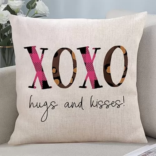 Valentine's Day Linen Throw Pillow Cover XOXO Love Heart Antique Sofa Pillow Case Double Sides Printed Lumbar Pillow Cover Pillowcase for Porch Office Home Accent 16x16 Inch