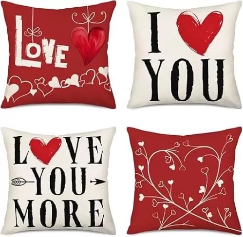 Valentines Day Love Heart Pillow Covers 18x18Inch Set of 4 Valentines Day Decor for Home I Love You More Red Heart Tree Arrow Throw Pillows Case Decorative Sofa Chair Cushion Cover