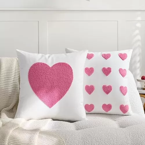 Valentines Day Pillow Covers 18 x 18 Inch Set of 2 Embroidery Heart Pattern Valentine Wedding Decorative Throw Pillow Cover Couch Bedroom Outdoor Indoor Sofa Valentines Decor Pink