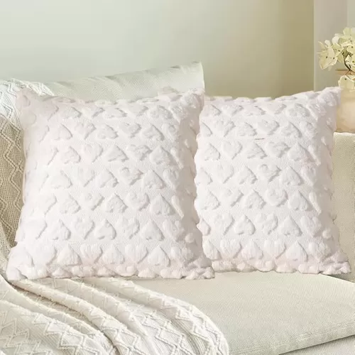 Valentines Day Pillow Covers 18x18in Set of 2, Plush Fluffy Pillow Case 3D Love Heart Pillow Covers for Couch, Sofa, Bed Home Indoor Outdoor Holiday Decor (White)