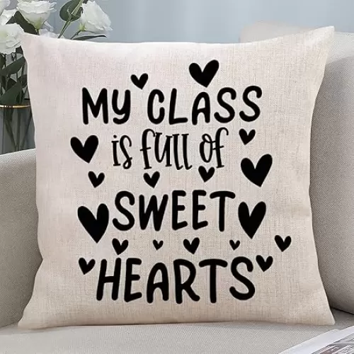 Valentine's Day Throw Pillow Cover My Class Is Full of Sweet Hearts Antique Farmhouse Sofa Pillow Case Decorative Accent Pillow Case Double Sides Printed Linen Square Pillowcase for Porch Home Decor