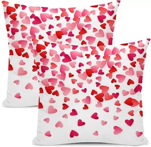 Valentines Pillow Covers 18x18 Inch Set of 2, Pink Love Heart Throw Pillows Case, Valentine