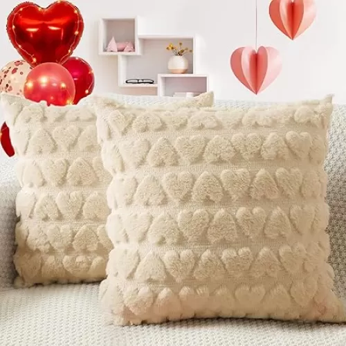 Valentines Pillow Covers, Set of 2 Soft Plush Short Wool Velvet Throw Pillow Covers, Valentines Heart Love Decorative Square Luxury Cushion Case Pillow Shell for Sofa Holiday- Red 18x18 Inch