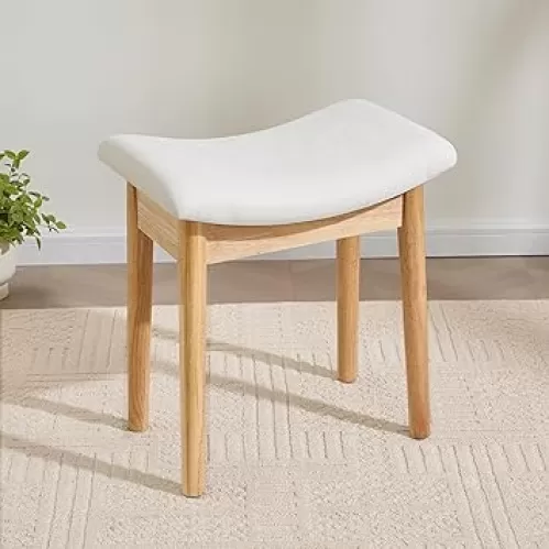 Vanity Stool with Saddle Cushion, 18 Inch Makeup Vanity Chair for Living Room, Morden Foot Stool Ottoman Piano Bench, Upholstered Vanity Bench Seat for Bedroom, Beige