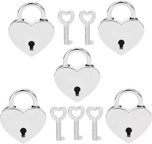 VerRich 5Pcs Silver Heart Shaped Padlock, Mini Vintage Locks with Key for Handbag, Jewelry Box, Storage Box, Diary Book
