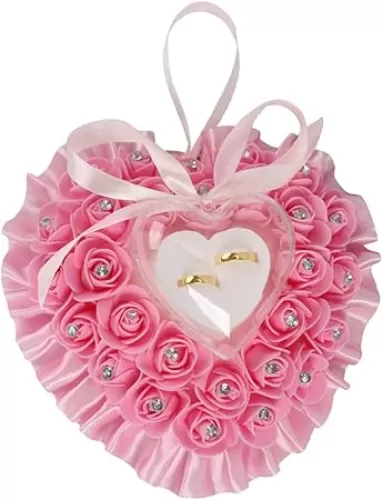 Wedding Ring Pillow Heart Shape Box Bride Ring Cushion Ring Pillow Rose Romantic Ring Box Pillow Cushion with Ribbon Pearl Romantic Wedding Ceremony Favors Jewelry Case (Pink)