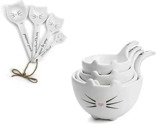 White Cat Measuring Cups & Spoons Gift Set – Ceramic Kitchen Tools for Cat Lovers & Bakers – 4 Measuring Cups and 4 Measuring Spoons – Unique Gift for Kitchen, Baking, and Cat Lovers