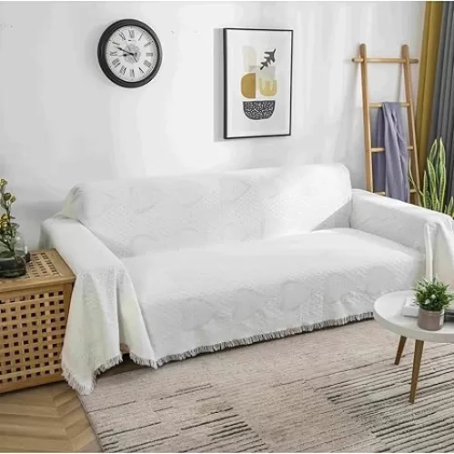 White Sofa Slipcover, Blended Couch Cover Heart Textured with Tassel 1 Seater(200X180CM)