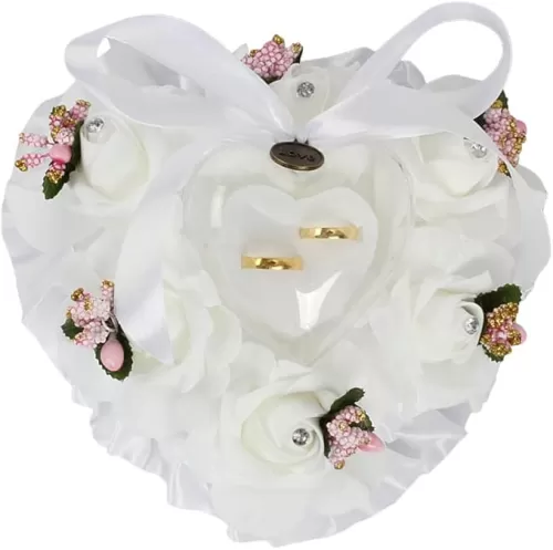 White Wedding Ring Pillow Heart Shape Wedding Ring Box Lace Crystal Rose Wedding Ceremony Bridal Ring Cushion Holder with Ribbon Pearl Romantic Exquisite (Pink)