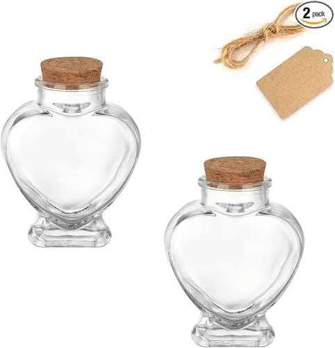 WHJY 2 pack 3oz Glass Jars with Cork Lids Small Glass Jars with Label Tag and String Heart Shaped Decorative Glass Containers for Anniversary DIY Art Craft Wedding Home Decor
