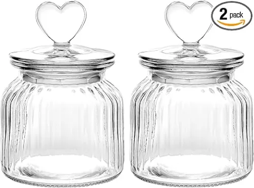 WHJY Set of 2 Airtight Glass Jars, 22oz Jar of Hearts Cute Cookie Jar Decorative Jars with Lids Candy Jars for Candy Buffet Heart Shaped Lid (Stripes Textured)