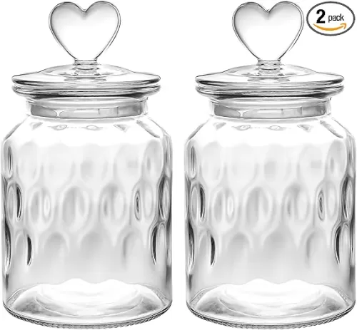 WHJY Set of 2 Airtight Glass Jars Decorative Jars, 32oz Jar of Hearts Cute Cookie Jar Decorative Jars with Lids Candy Jars for Candy Buffet Heart Shaped Lid - Drops Textured