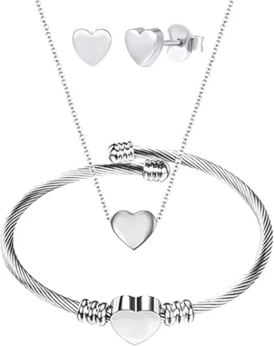XAM 3 Pcs/set Elegance Heart Jewelry Set Stainless Steel Heart Shaped Necklace Bracelet and Stud Earring for Women