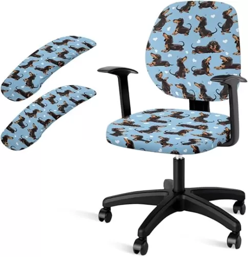 Xoenoiee Dachshund Dog Hearts Blue Pattern Office Chair Covers 4Pcs Set-Seat Cover Backrest Cover with Armrest Covers Protective Stretch Computer Seat Slipcovers