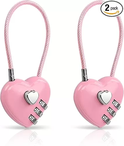 YAODHAOD 2 Pack Combination Lock, 3 Digit Heart Shaped Padlock for School Gym Locker, TSA Approved Cable Luggage Locks, Sports Locker Lock, Luggage, Fence, Backpack, Valentine Gift (Pink)